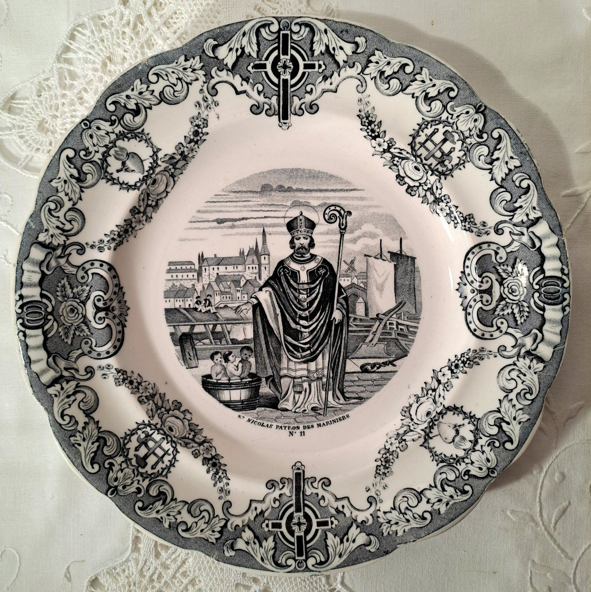 Rare Series Of 11 Opaque Porcelain Plates From Gien, The Patron Saints, Mid-19th Century-photo-5