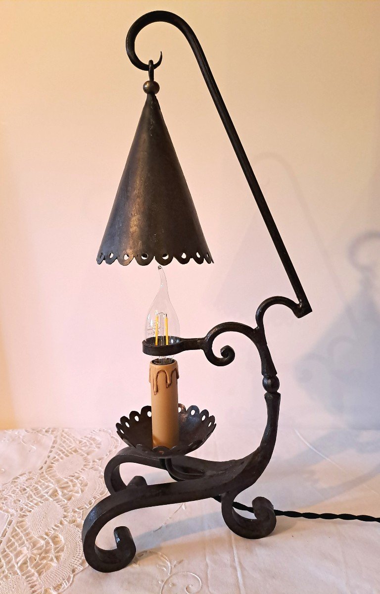 Candlestick With Suspended Wrought Iron Brutalist Style Snuffer-photo-3