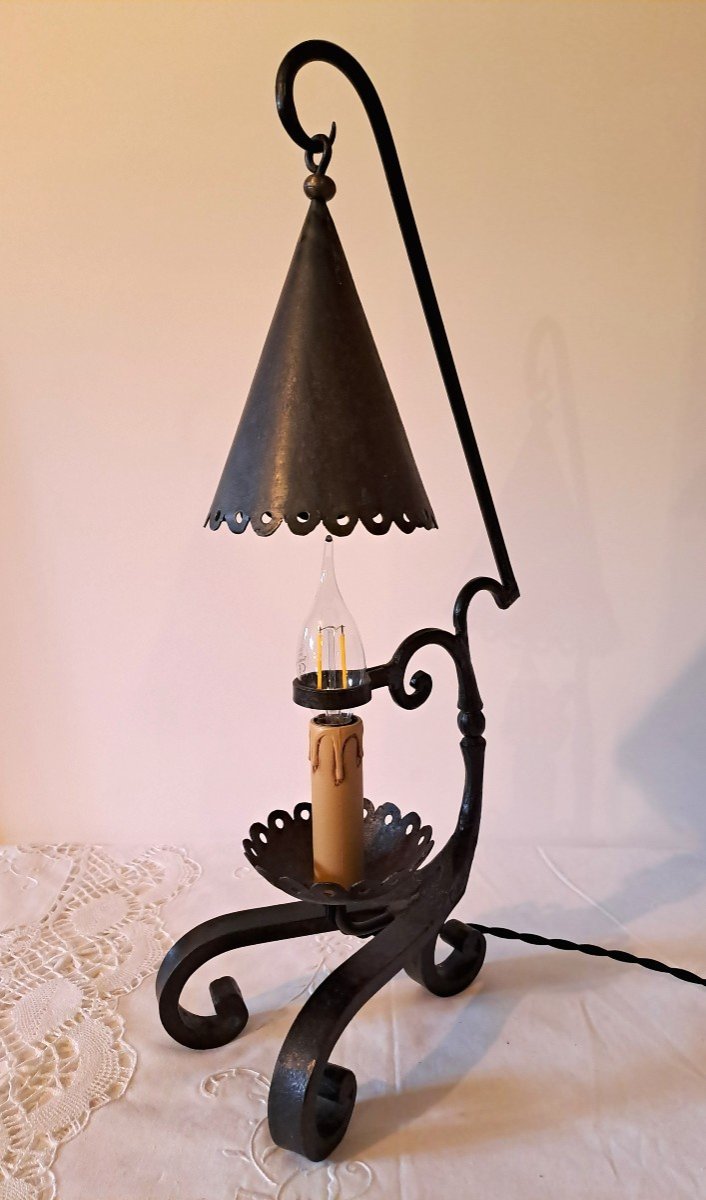 Candlestick With Suspended Wrought Iron Brutalist Style Snuffer-photo-4