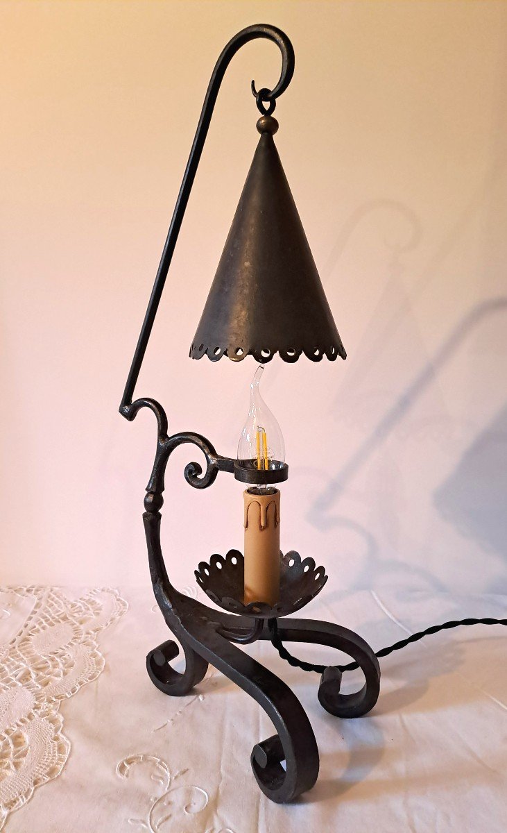 Candlestick With Suspended Wrought Iron Brutalist Style Snuffer-photo-2