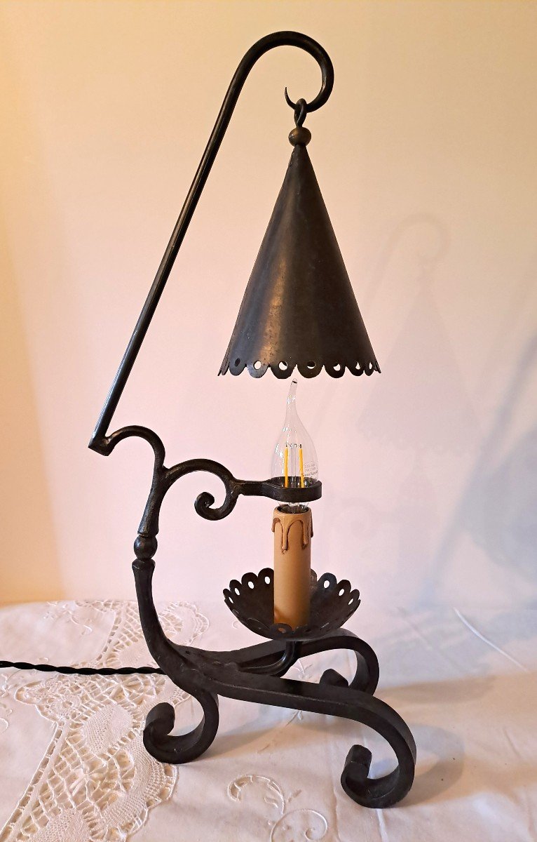 Candlestick With Suspended Wrought Iron Brutalist Style Snuffer-photo-3