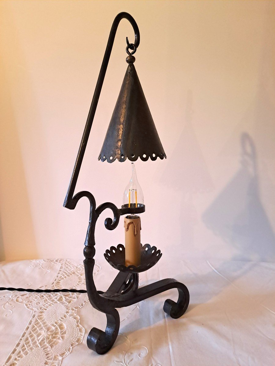 Candlestick With Suspended Wrought Iron Brutalist Style Snuffer-photo-4