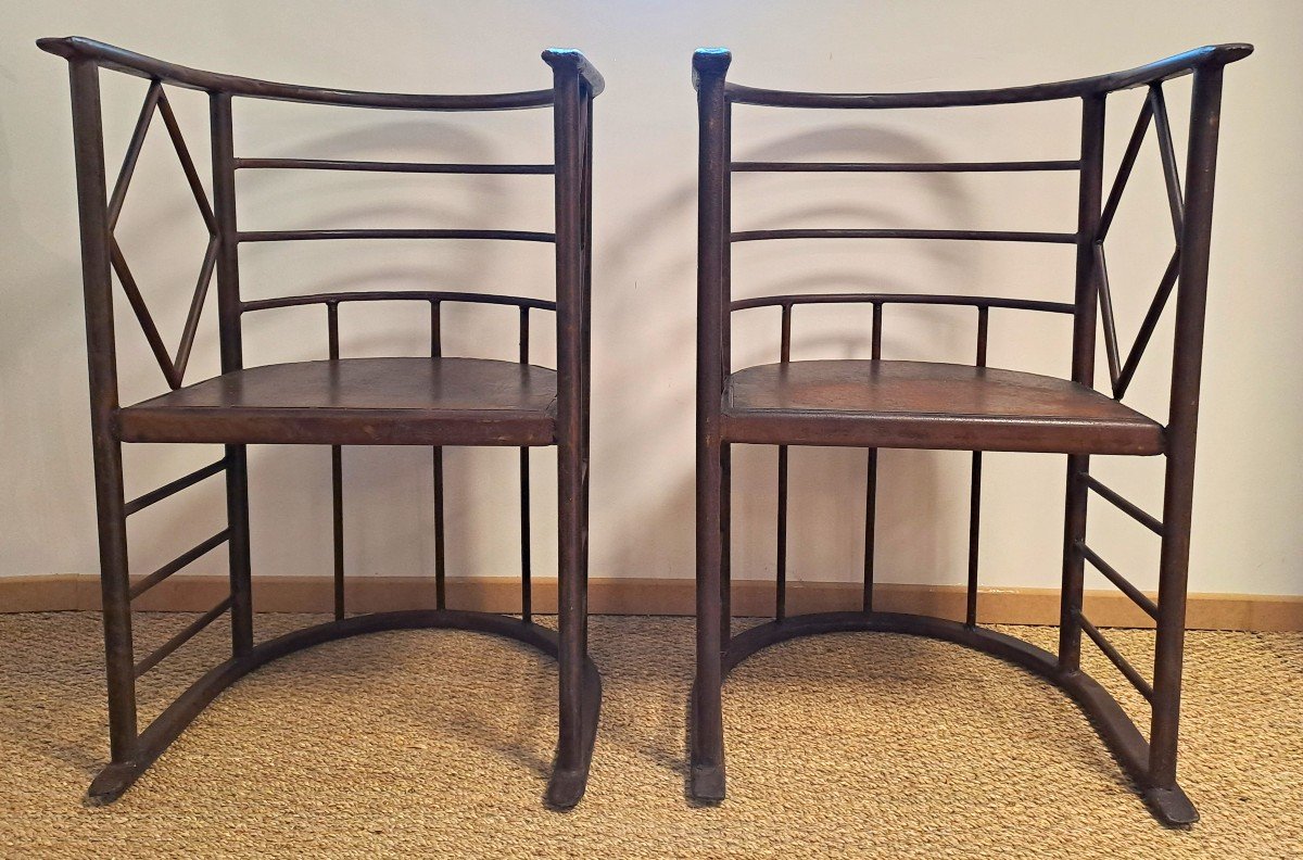 Pair Of Armchairs In The Style Of Josef Hoffmann, In Corten Steel Aspect Metal, XXth-photo-2