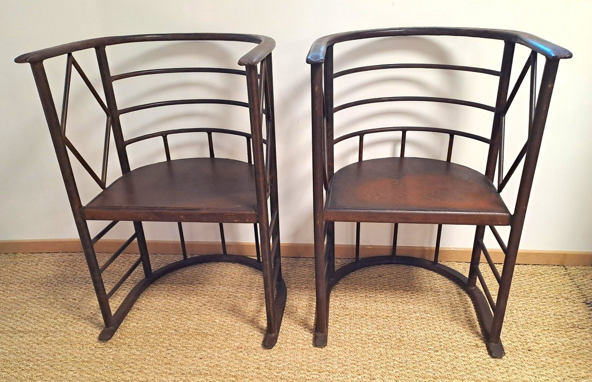 Pair Of Armchairs In The Style Of Josef Hoffmann, In Corten Steel Aspect Metal, XXth