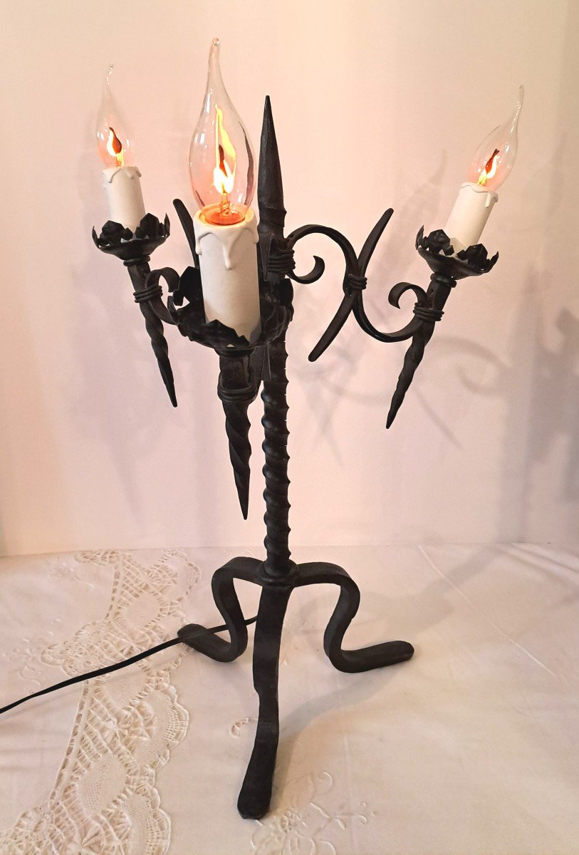 Wrought Iron Candelabrum With Three Electrified Candlesticks, Mid 20th Century-photo-1