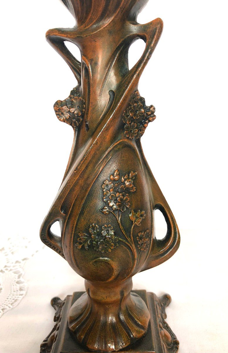 Claude Bonnefond (1868 - 1936), Vase Soliflore Art Nouveau en Métal Patiné Bronze, Fin XIXème-photo-2