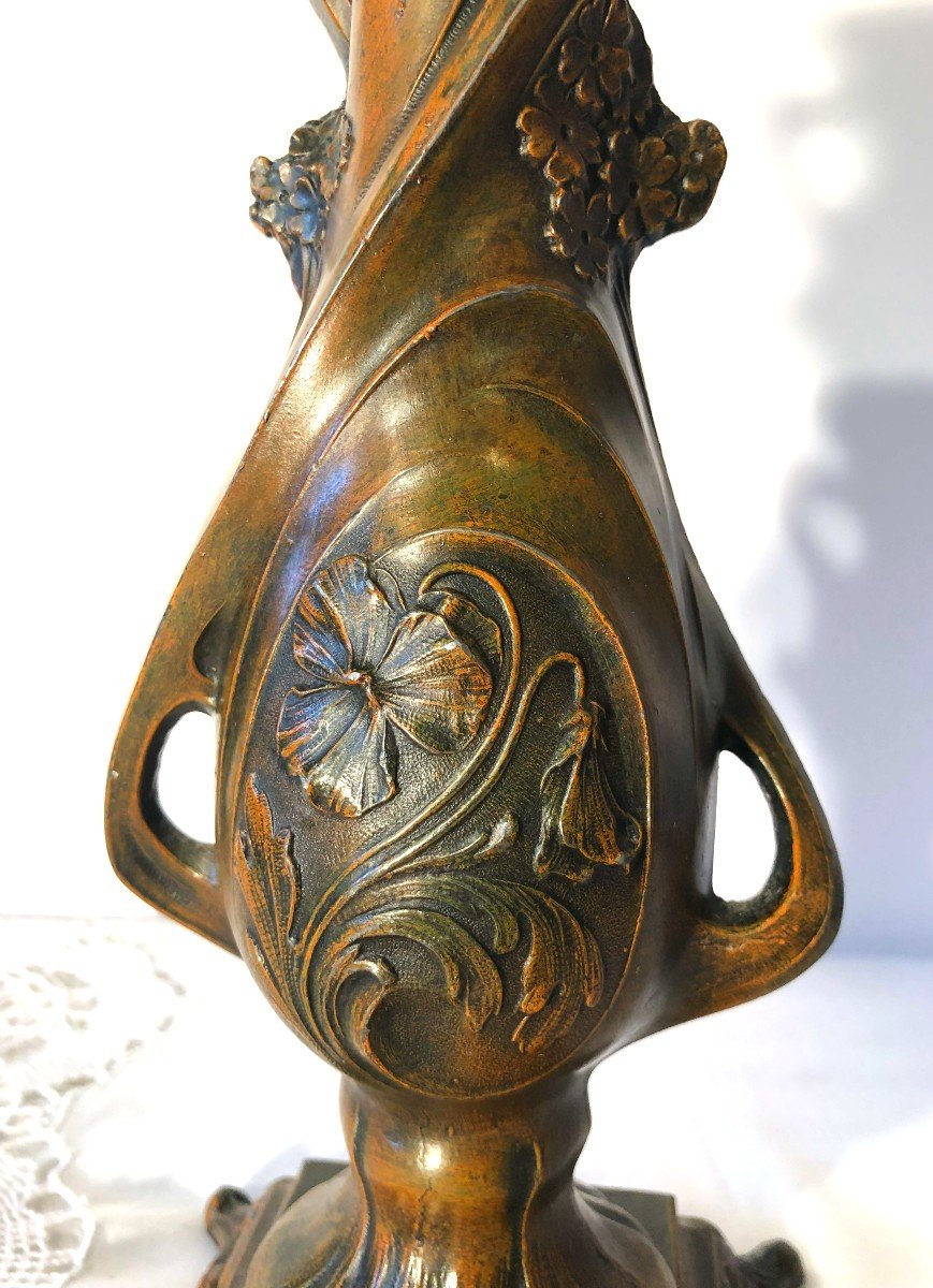 Claude Bonnefond (1868 - 1936), Vase Soliflore Art Nouveau en Métal Patiné Bronze, Fin XIXème-photo-7