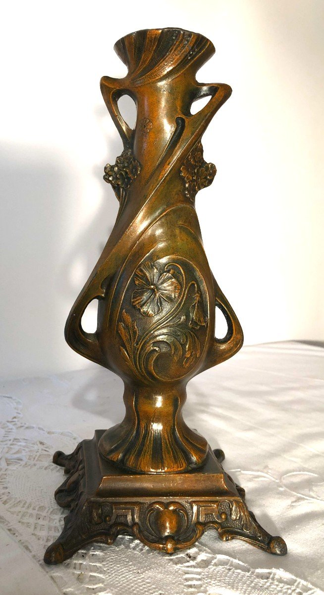 Claude Bonnefond (1868 - 1936), Vase Soliflore Art Nouveau en Métal Patiné Bronze, Fin XIXème