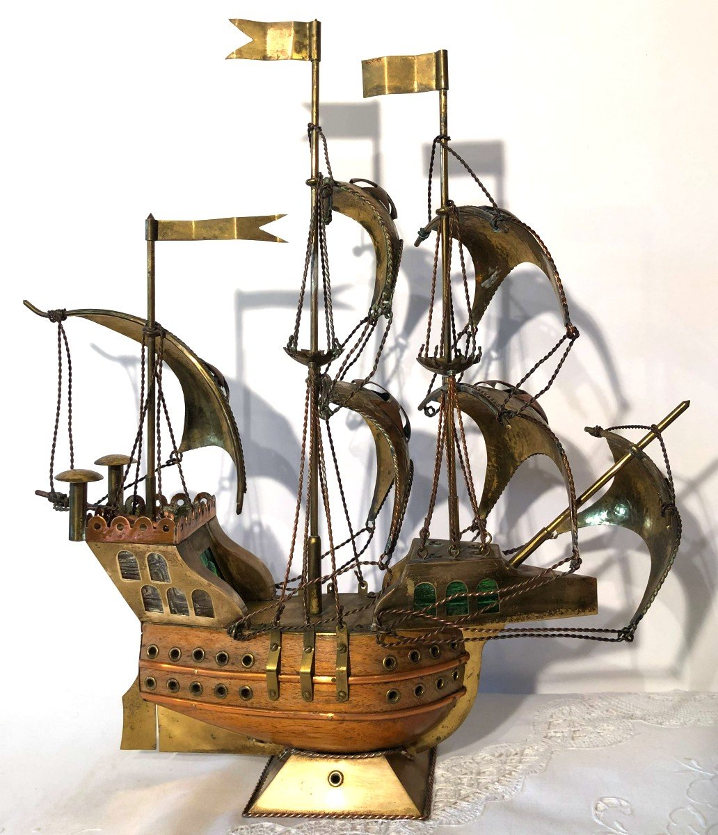 Maquette de Galion ou Caravelle Portugaise en Bois et Cuivre, Milieu XXème-photo-3