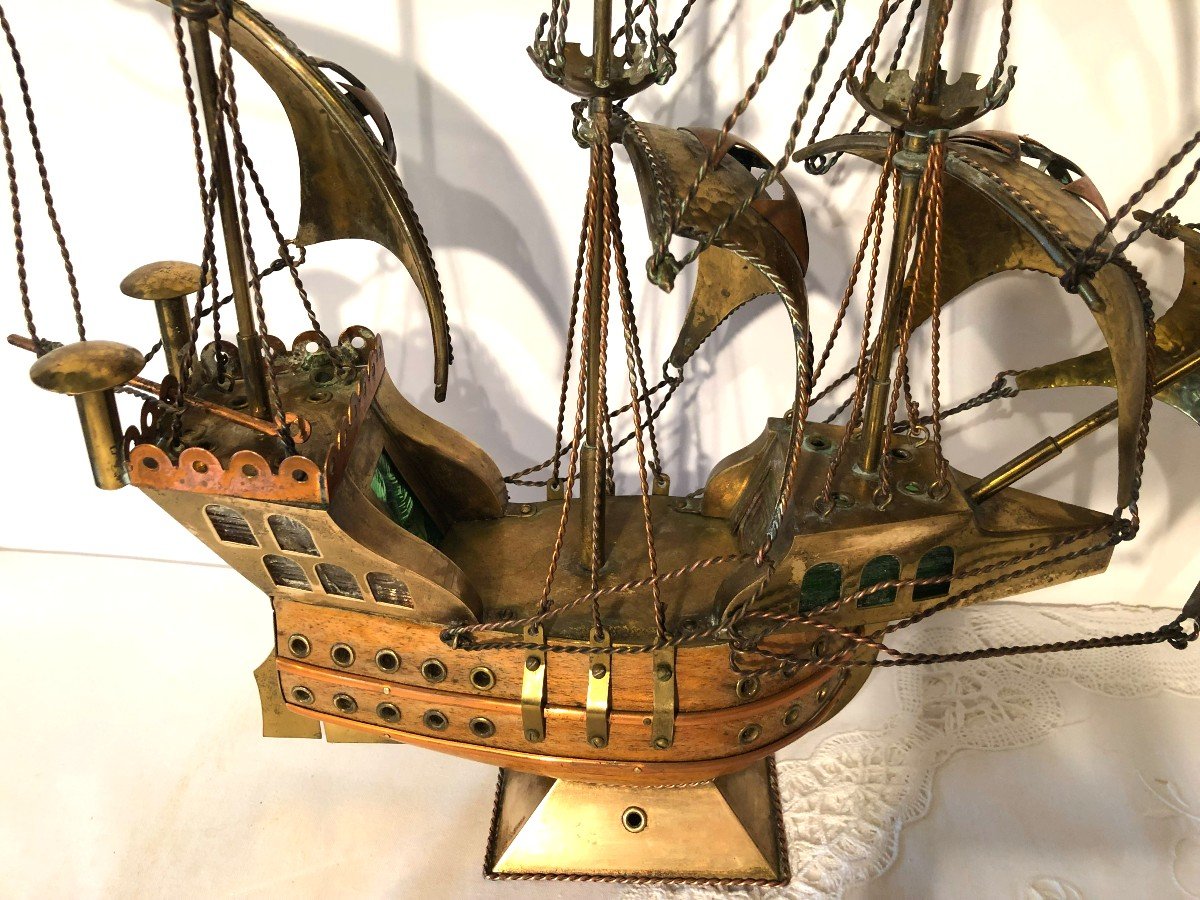 Maquette de Galion ou Caravelle Portugaise en Bois et Cuivre, Milieu XXème-photo-4