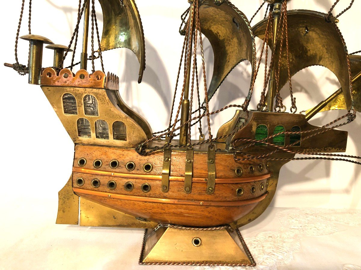 Maquette de Galion ou Caravelle Portugaise en Bois et Cuivre, Milieu XXème-photo-1