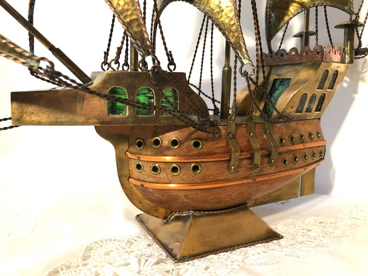 Maquette de Galion ou Caravelle Portugaise en Bois et Cuivre, Milieu XXème-photo-3