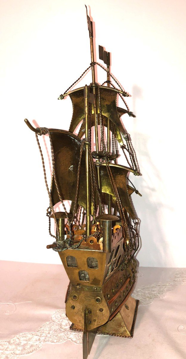 Maquette de Galion ou Caravelle Portugaise en Bois et Cuivre, Milieu XXème-photo-6