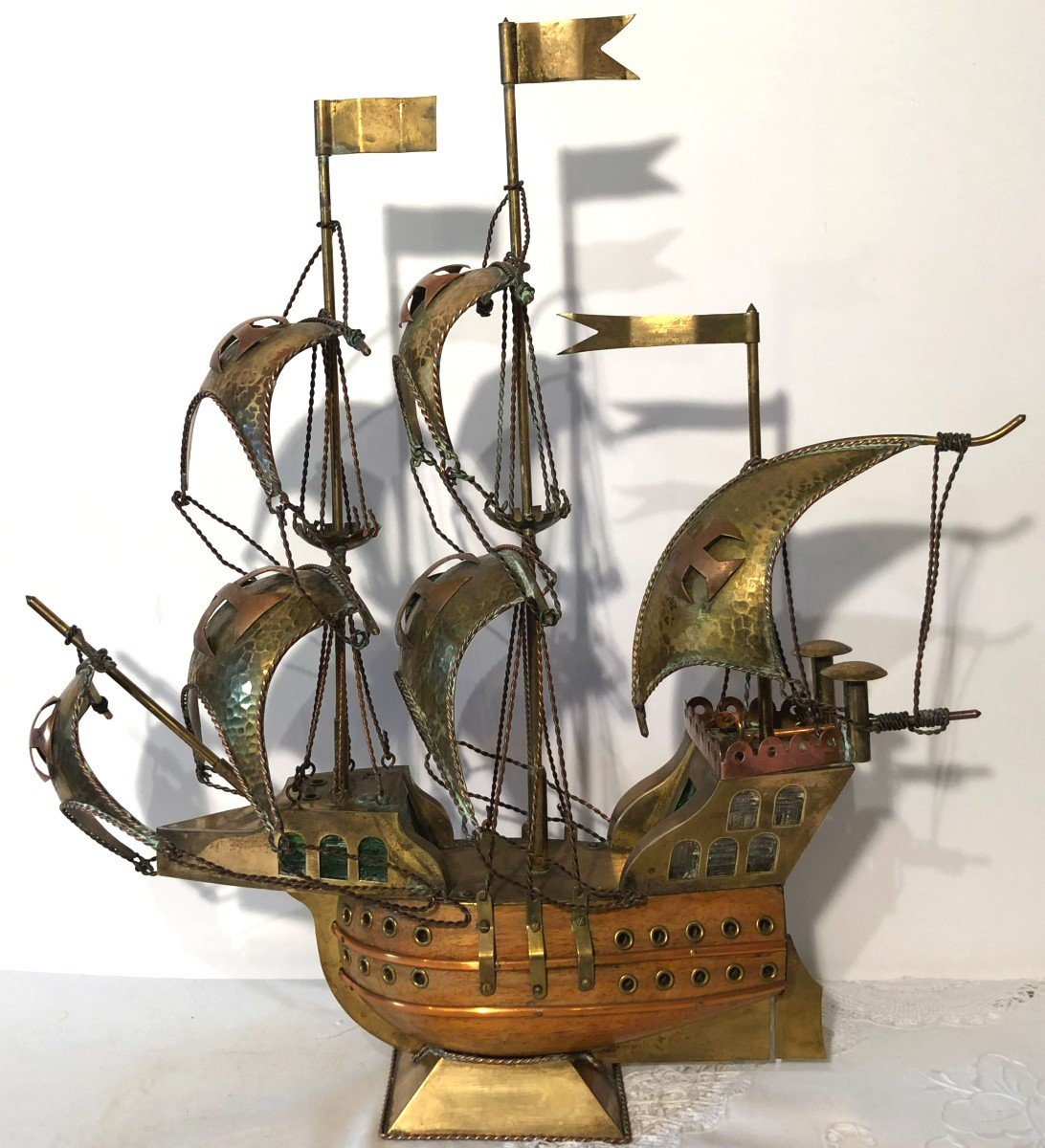 Maquette de Galion ou Caravelle Portugaise en Bois et Cuivre, Milieu XXème