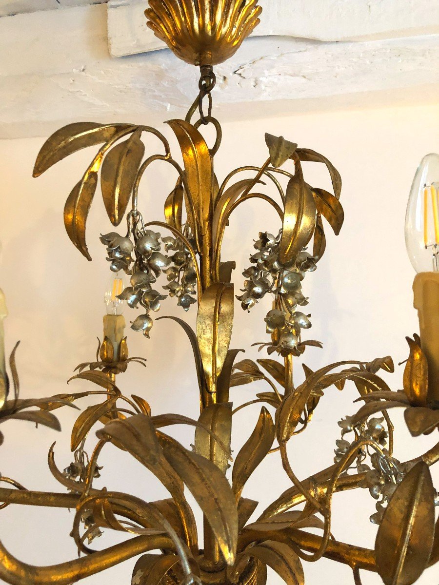 Hans Kögl Chandelier With 6 Arms Of Lights, Decor With Lily Of The Valley Bells, Hollywood Regency, 20th Century-photo-3
