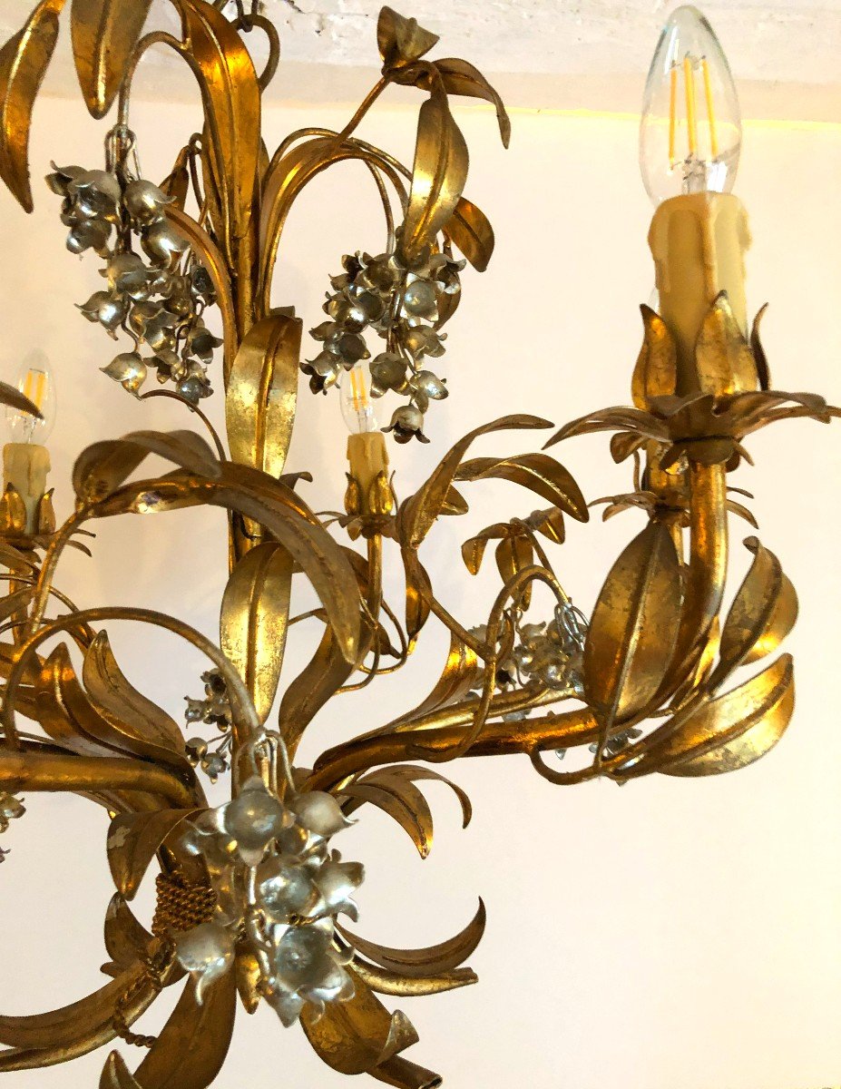 Hans Kögl Chandelier With 6 Arms Of Lights, Decor With Lily Of The Valley Bells, Hollywood Regency, 20th Century-photo-4