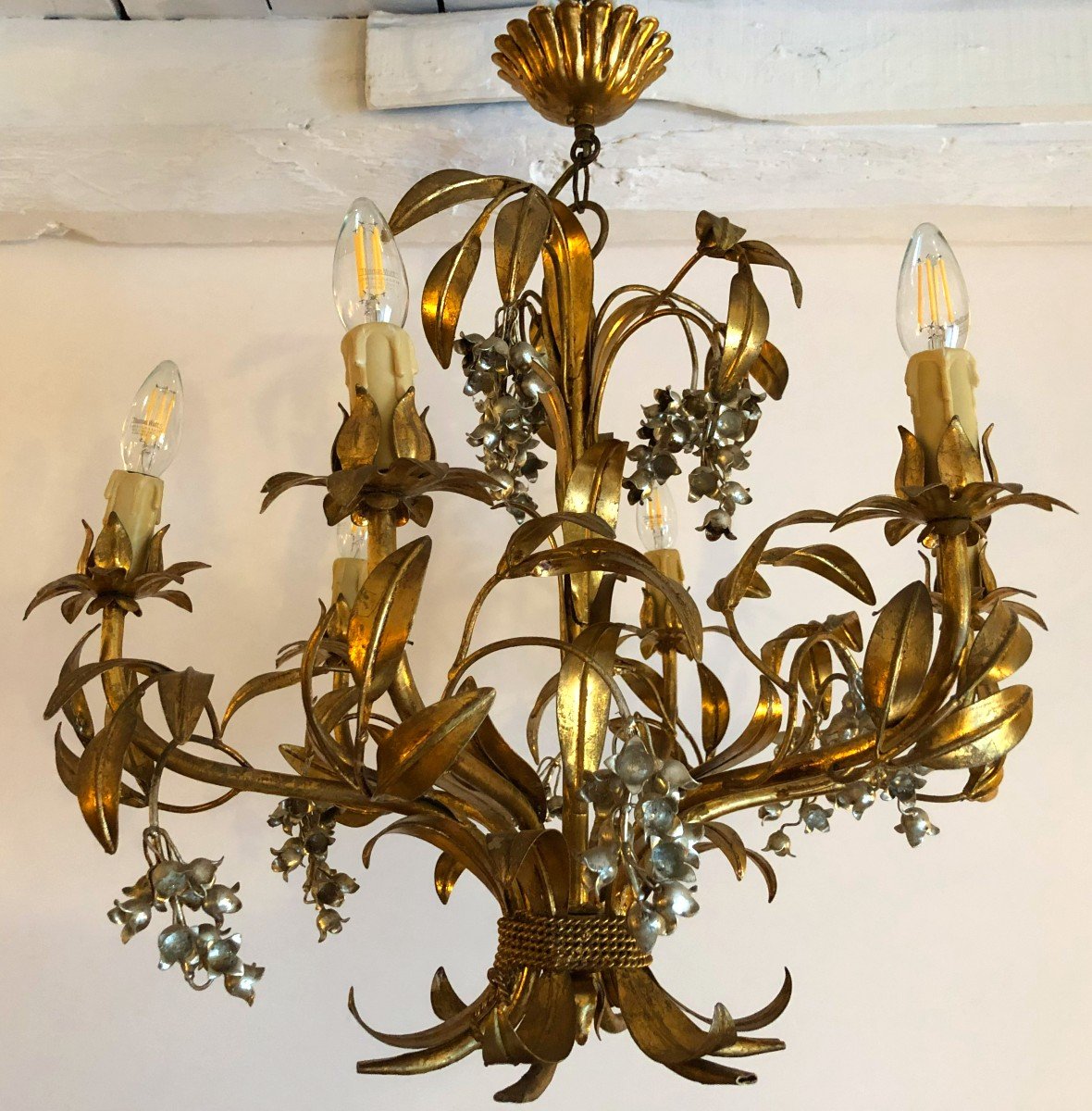 Hans Kögl Chandelier With 6 Arms Of Lights, Decor With Lily Of The Valley Bells, Hollywood Regency, 20th Century-photo-2