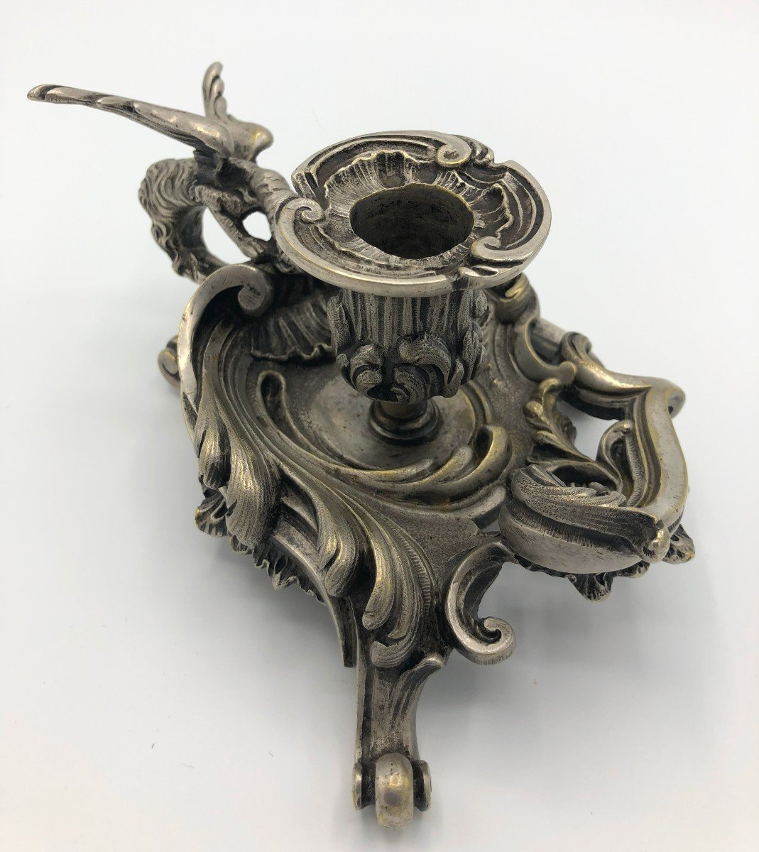 Hand Candle Holder With Chimera Decor In Silver Bronze, Founder's Stamp B.d., 19th Century-photo-2