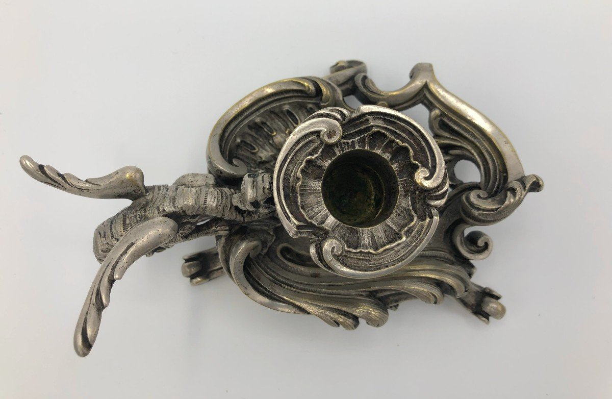 Hand Candle Holder With Chimera Decor In Silver Bronze, Founder's Stamp B.d., 19th Century-photo-3