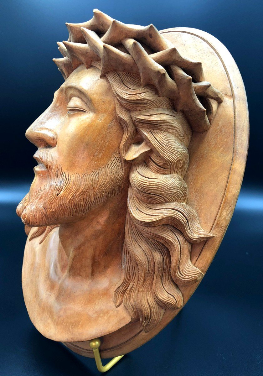 Tête de Christ à la Couronne d'épines, Grand Médaillon en Bois Sculpté, Début XXème Siècle-photo-2