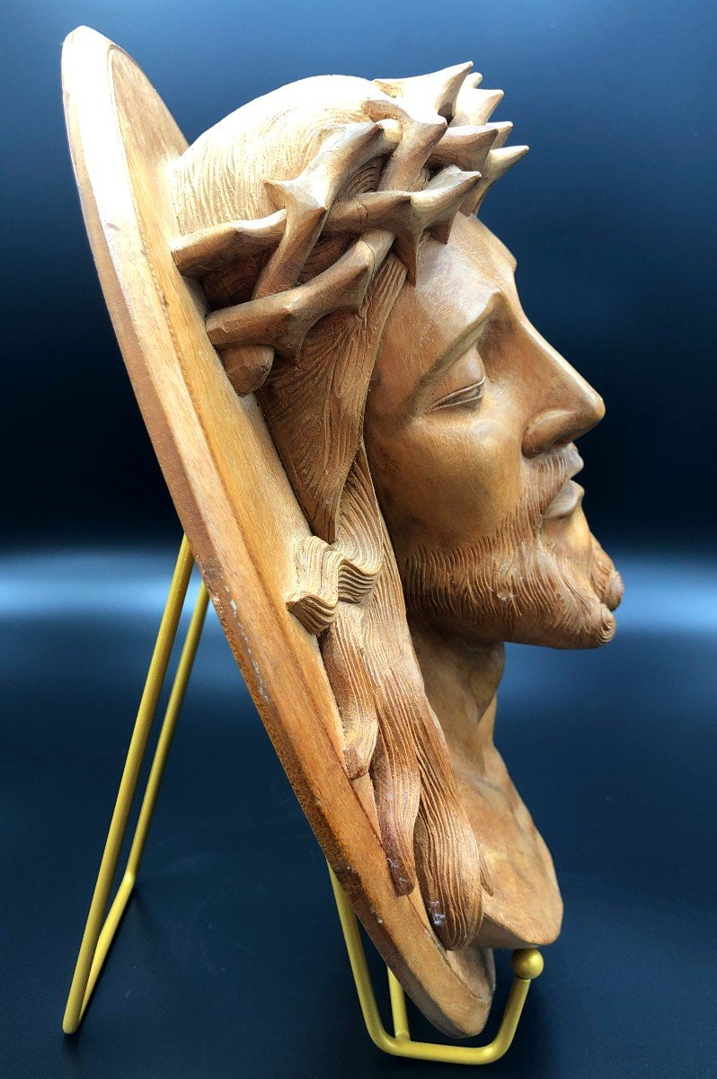 Tête de Christ à la Couronne d'épines, Grand Médaillon en Bois Sculpté, Début XXème Siècle-photo-2