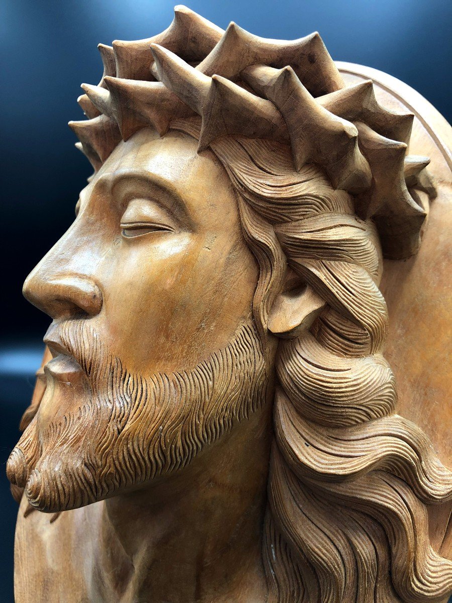 Tête de Christ à la Couronne d'épines, Grand Médaillon en Bois Sculpté, Début XXème Siècle-photo-6