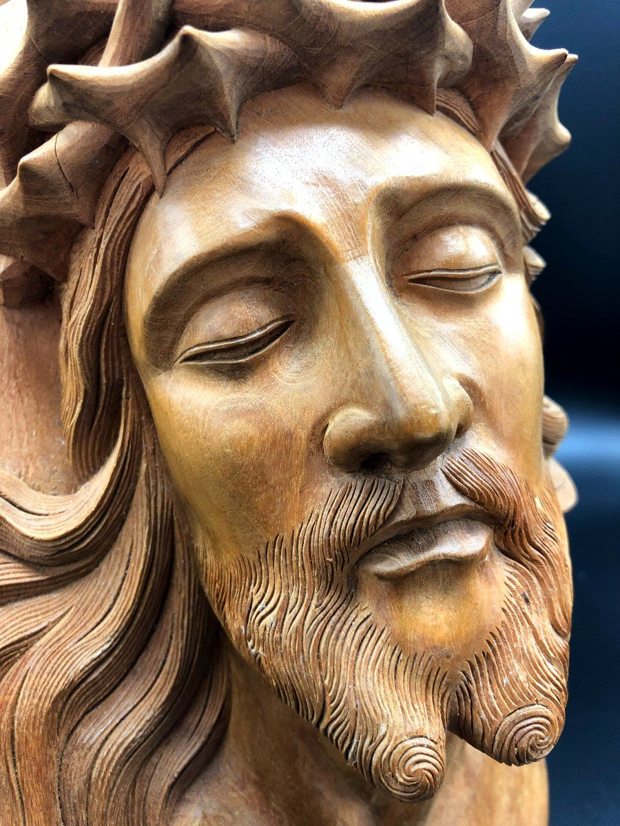 Tête de Christ à la Couronne d'épines, Grand Médaillon en Bois Sculpté, Début XXème Siècle-photo-8