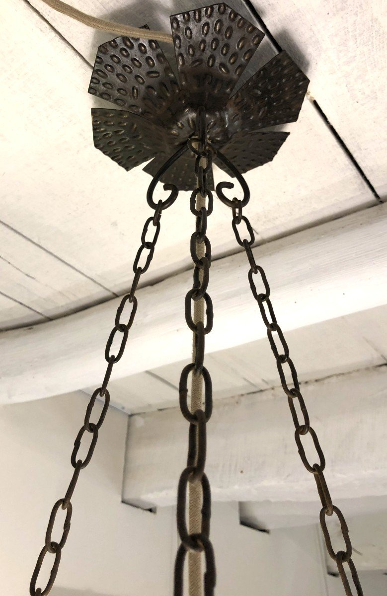 Suspension Art Déco Signée Degué, Modèle 554 avec Monture Métal à Décor de Roses, Années 1930-photo-4