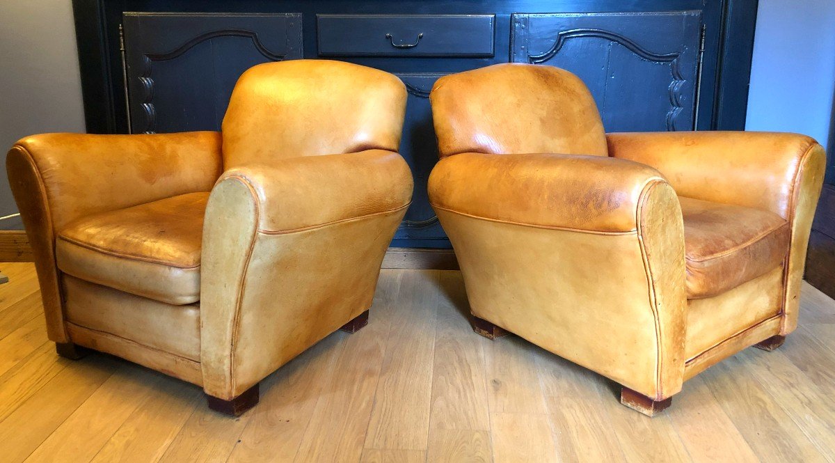 Pair Of Club Armchairs In Cognac Color Leather, 1930s-40s-photo-3