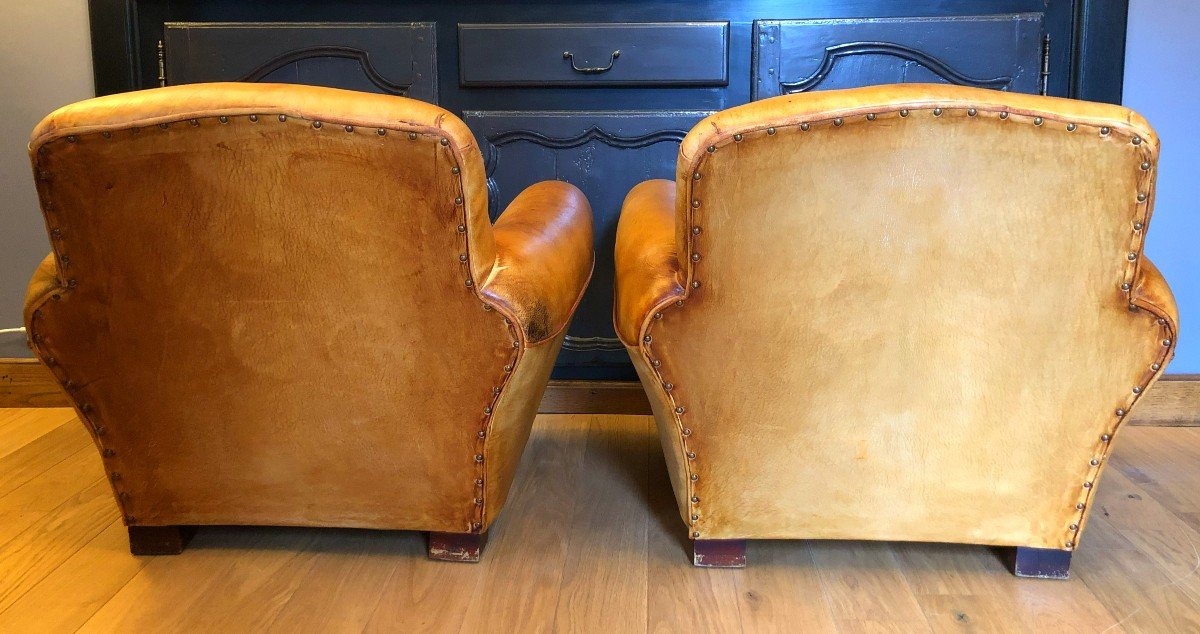 Pair Of Club Armchairs In Cognac Color Leather, 1930s-40s-photo-2