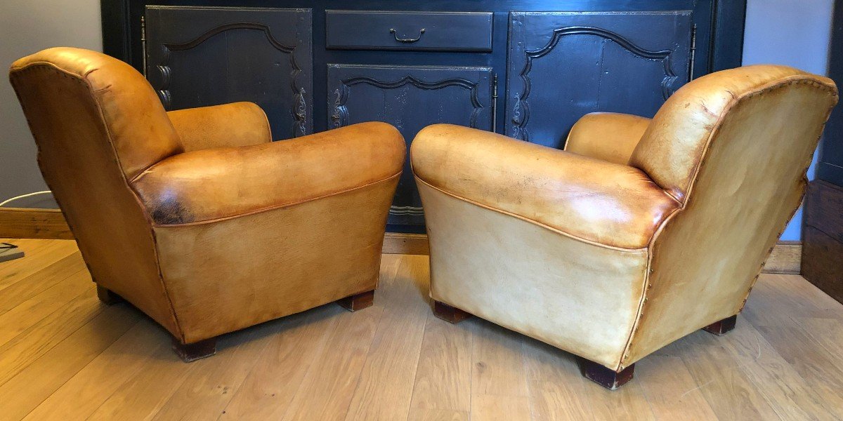 Pair Of Club Armchairs In Cognac Color Leather, 1930s-40s-photo-3