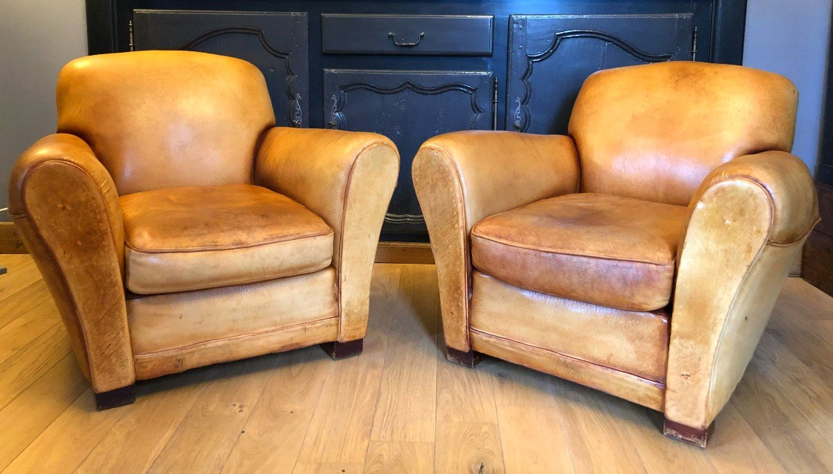 Pair Of Club Armchairs In Cognac Color Leather, 1930s-40s