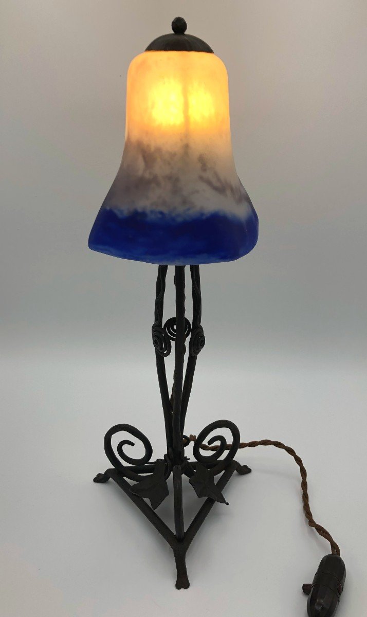 Art Deco Lamp Wrought Iron Base And Glass Paste Tulip, Early 20th Century-photo-2