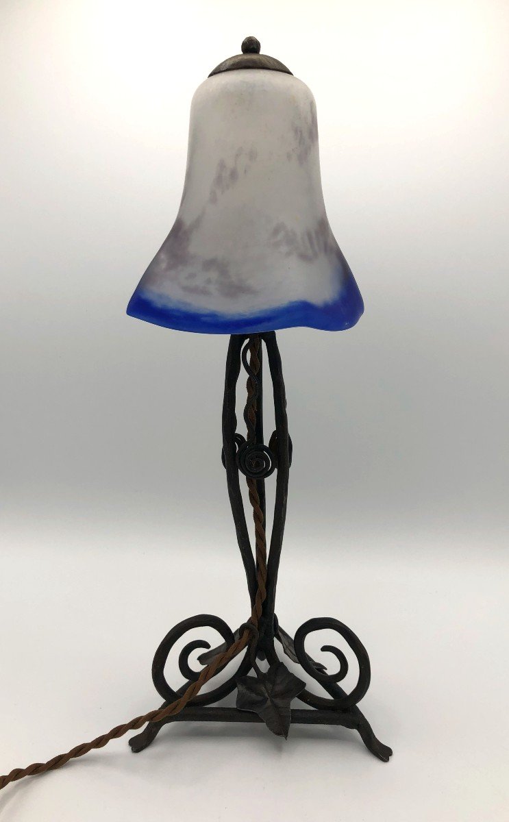 Art Deco Lamp Wrought Iron Base And Glass Paste Tulip, Early 20th Century-photo-3