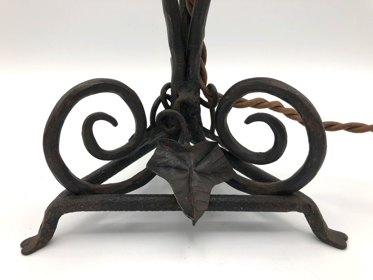 Art Deco Lamp Wrought Iron Base And Glass Paste Tulip, Early 20th Century-photo-1