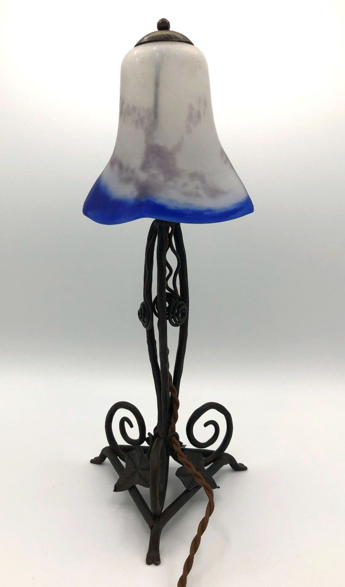 Art Deco Lamp Wrought Iron Base And Glass Paste Tulip, Early 20th Century-photo-3