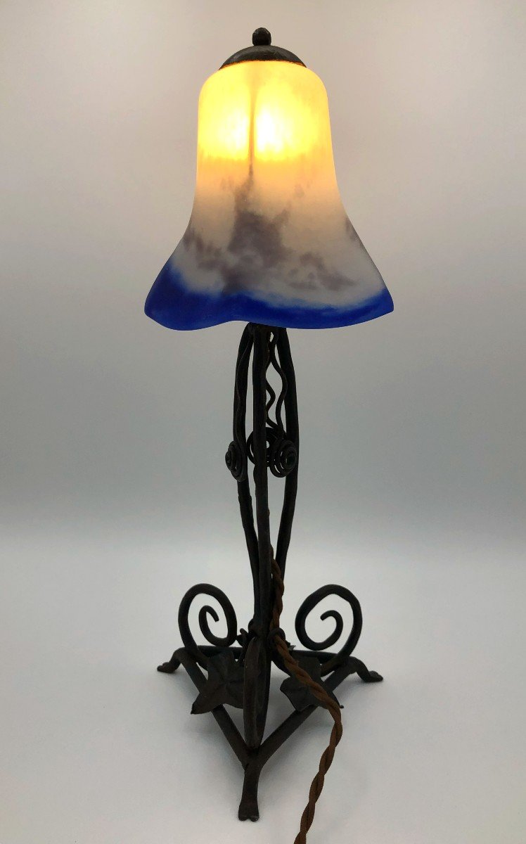 Art Deco Lamp Wrought Iron Base And Glass Paste Tulip, Early 20th Century-photo-4