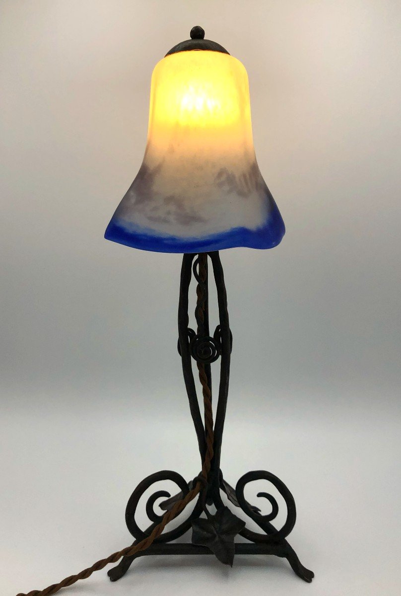 Art Deco Lamp Wrought Iron Base And Glass Paste Tulip, Early 20th Century-photo-7