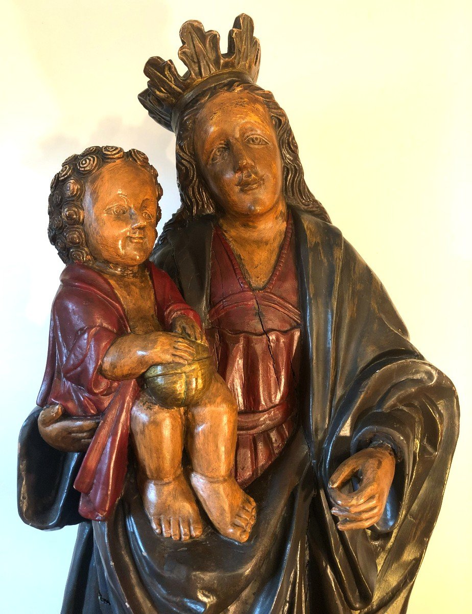 Statue de la Vierge à l’Enfant, Grande Sculpture en Bois Polychrome, XIXème Siècle-photo-2