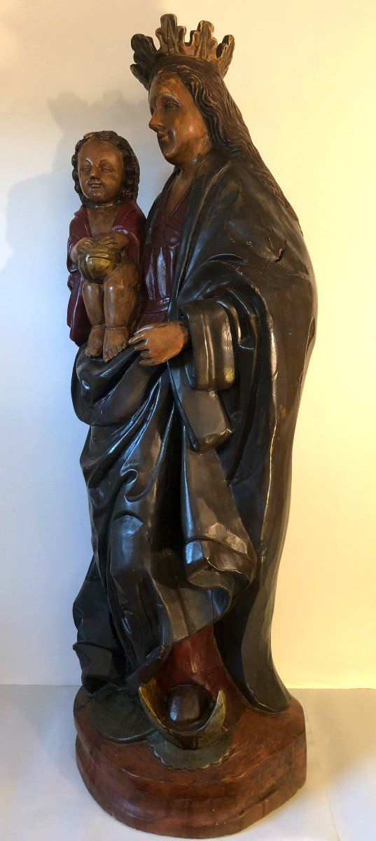 Statue de la Vierge à l’Enfant, Grande Sculpture en Bois Polychrome, XIXème Siècle-photo-3