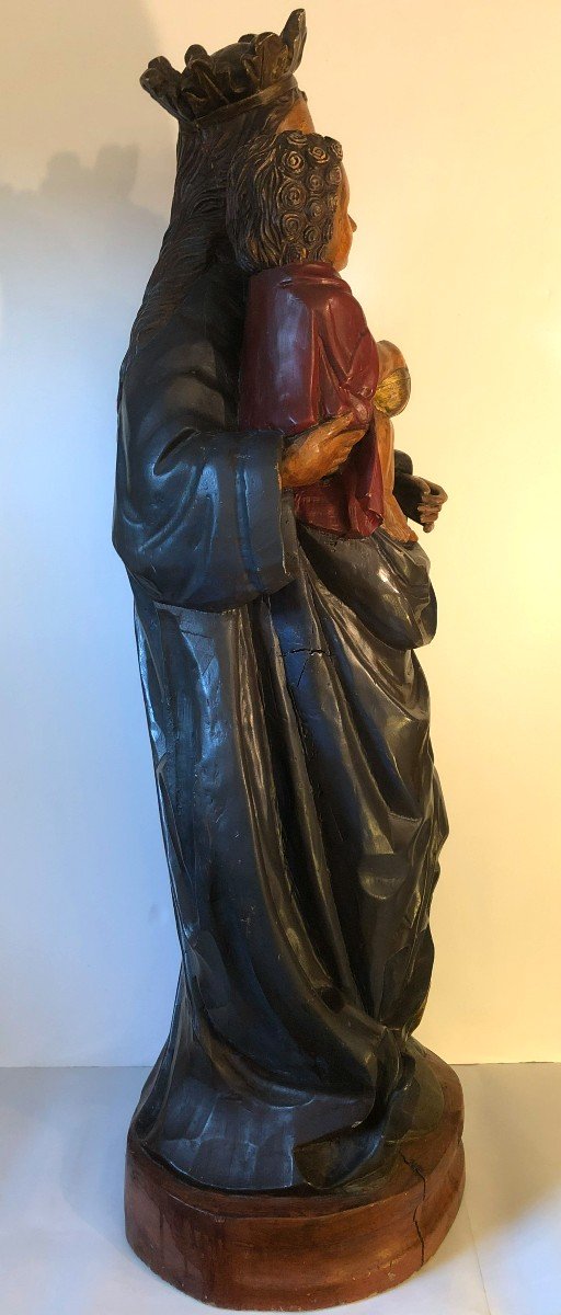 Statue de la Vierge à l’Enfant, Grande Sculpture en Bois Polychrome, XIXème Siècle-photo-2