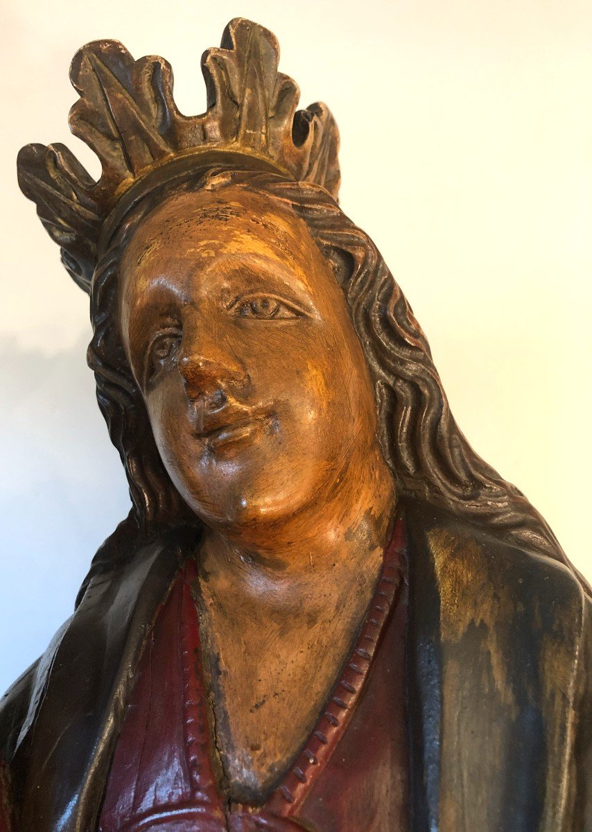 Statue de la Vierge à l’Enfant, Grande Sculpture en Bois Polychrome, XIXème Siècle-photo-3