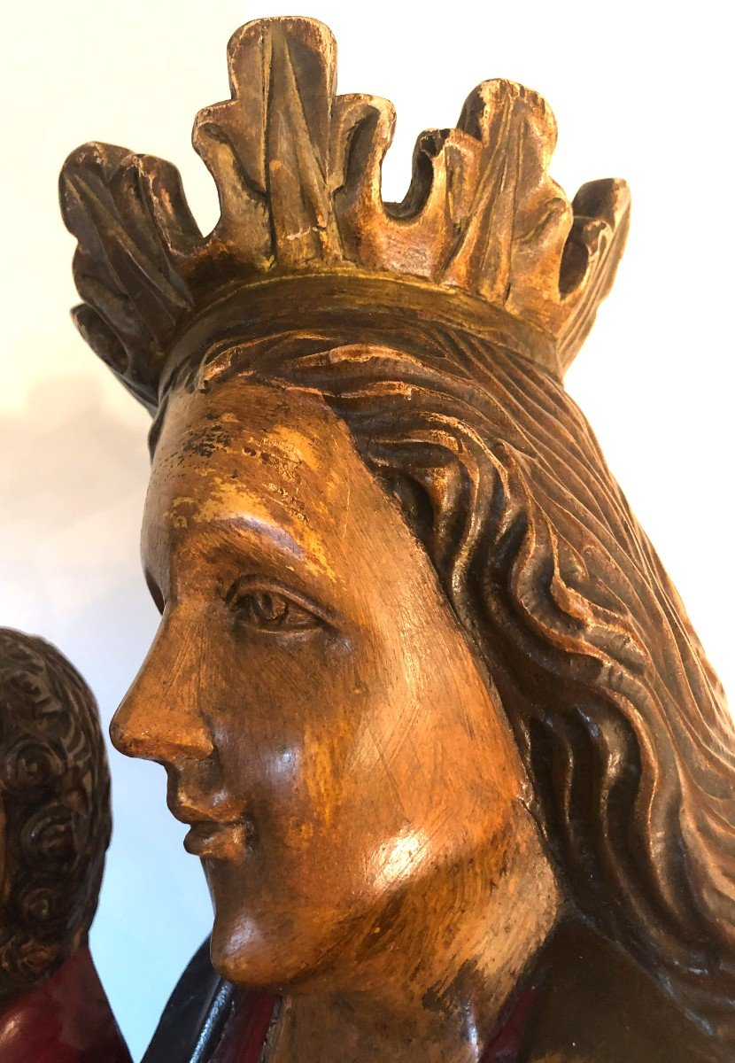 Statue de la Vierge à l’Enfant, Grande Sculpture en Bois Polychrome, XIXème Siècle-photo-4