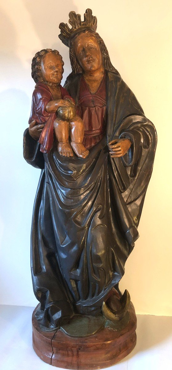 Statue de la Vierge à l’Enfant, Grande Sculpture en Bois Polychrome, XIXème Siècle