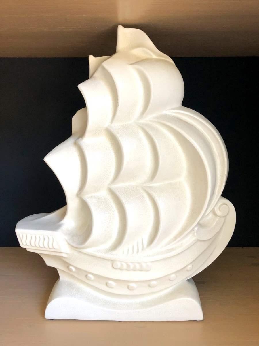 Caravelle Boat, Large Art Deco Ceramic Attributed To Le Jan, Circa 1930-photo-2