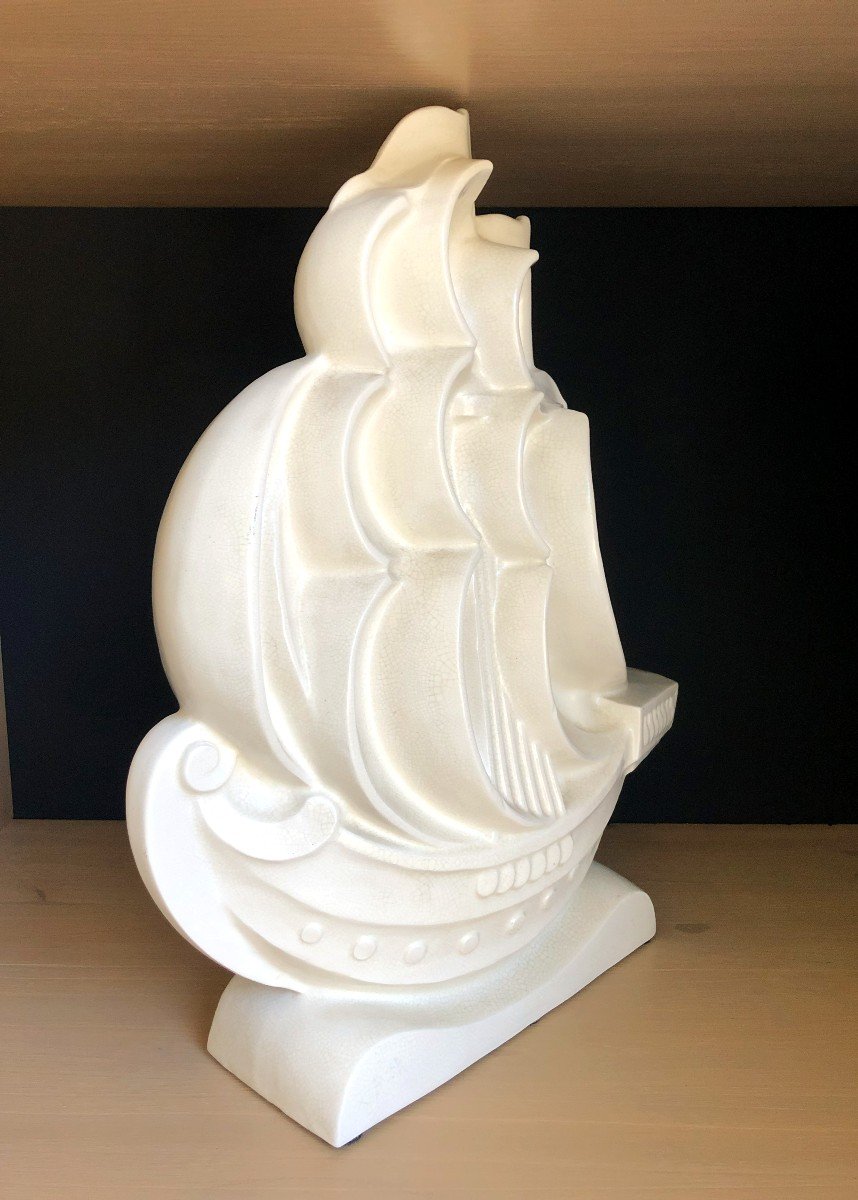 Caravelle Boat, Large Art Deco Ceramic Attributed To Le Jan, Circa 1930-photo-1