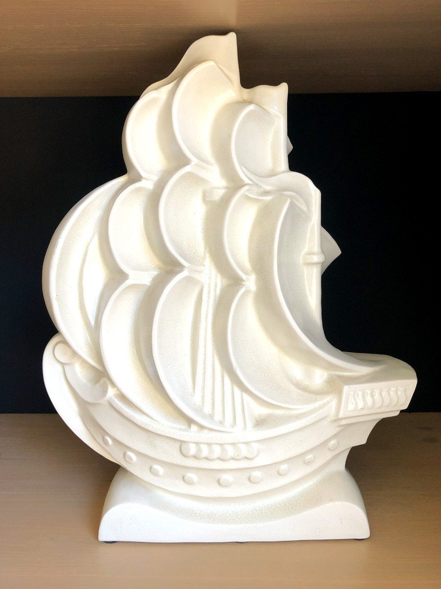 Caravelle Boat, Large Art Deco Ceramic Attributed To Le Jan, Circa 1930-photo-2