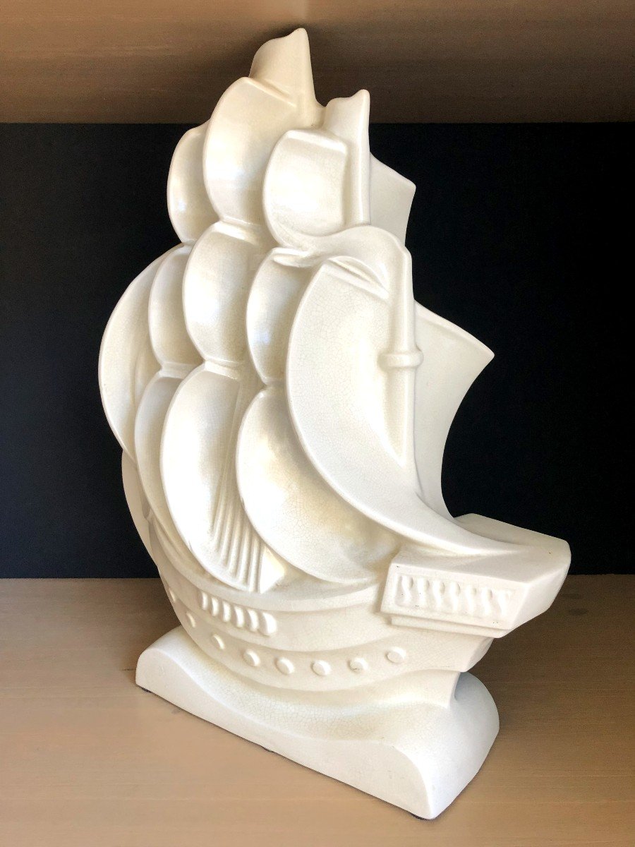 Caravelle Boat, Large Art Deco Ceramic Attributed To Le Jan, Circa 1930-photo-3