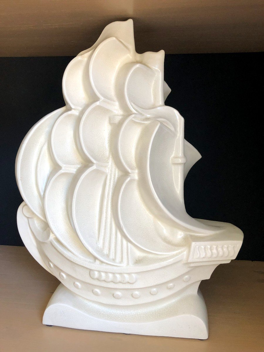 Caravelle Boat, Large Art Deco Ceramic Attributed To Le Jan, Circa 1930-photo-6