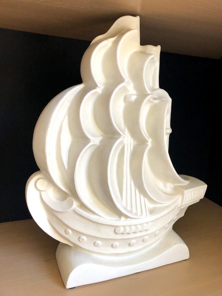 Caravelle Boat, Large Art Deco Ceramic Attributed To Le Jan, Circa 1930